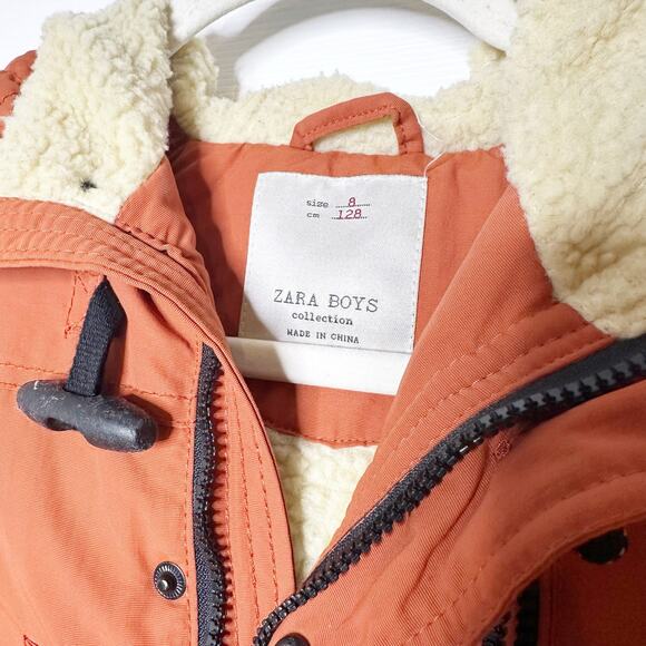 Zara Parka Sherpa Lined Toggle Orange Hooded‎ Jacket Boys 128cm Size 8 - Picture 3 of 6
